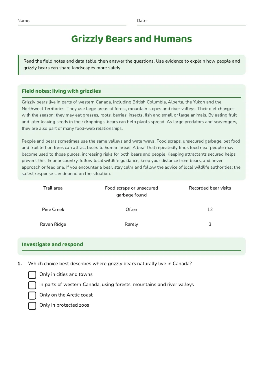 Grizzly Bears and Humans, page 1 of 3: Field notes: living with grizzlies, Investigate and respond