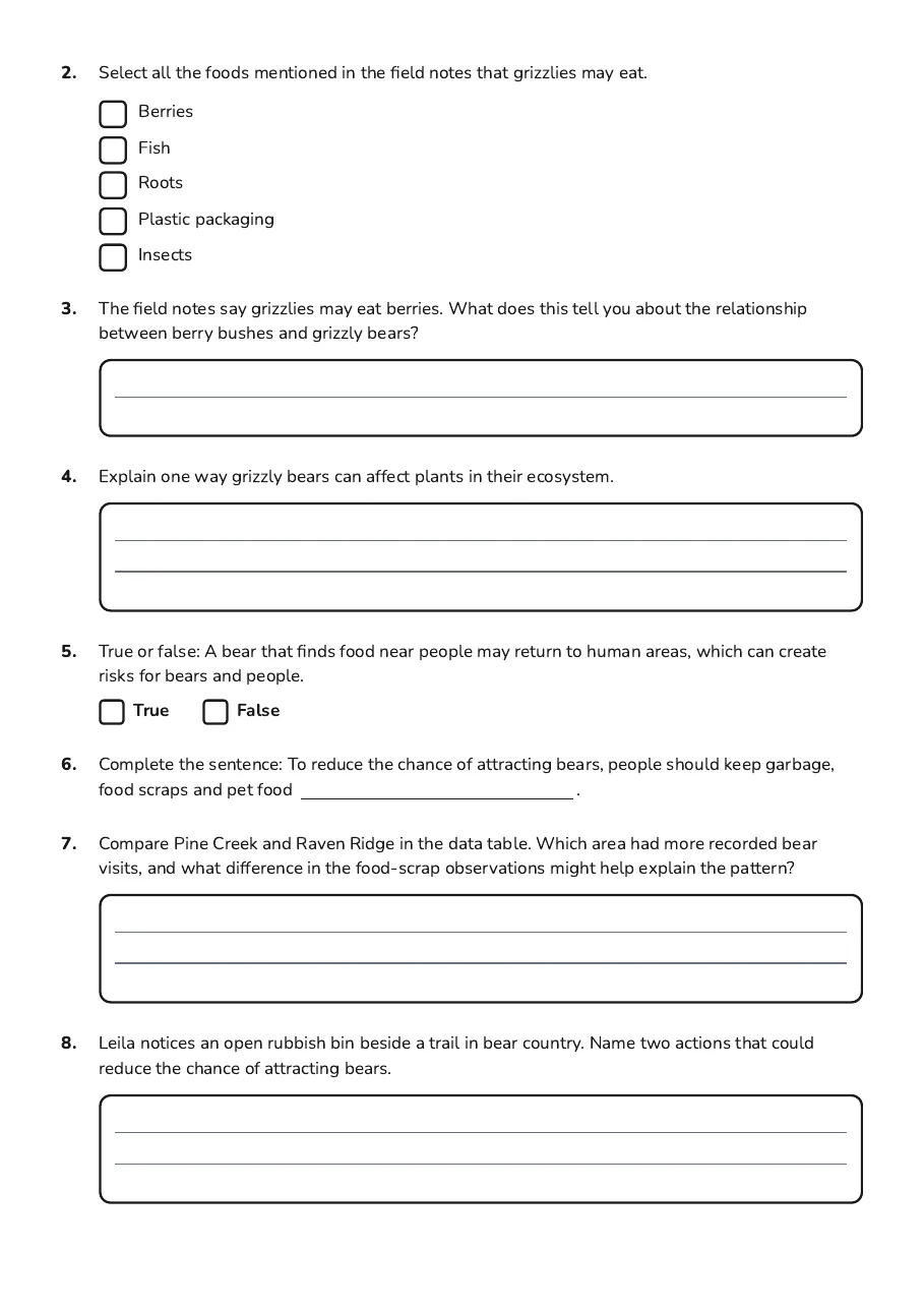 Grizzly Bears and Humans, page 2 of 3: 2. Select all the foods mentioned in the field notes that grizzlies may eat.