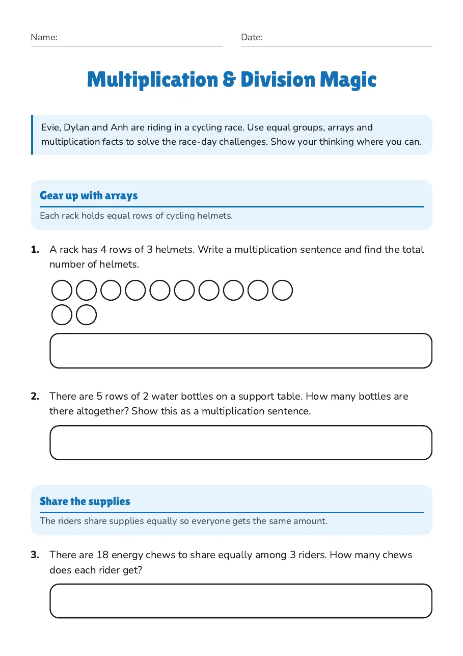 Multiplication & Division Magic, page 1 of 3: Gear up with arrays, Share the supplies