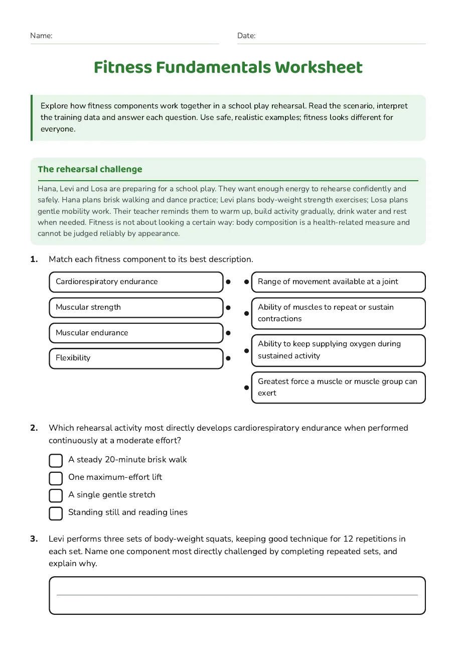 Fitness Fundamentals Worksheet, page 1 of 3: The rehearsal challenge