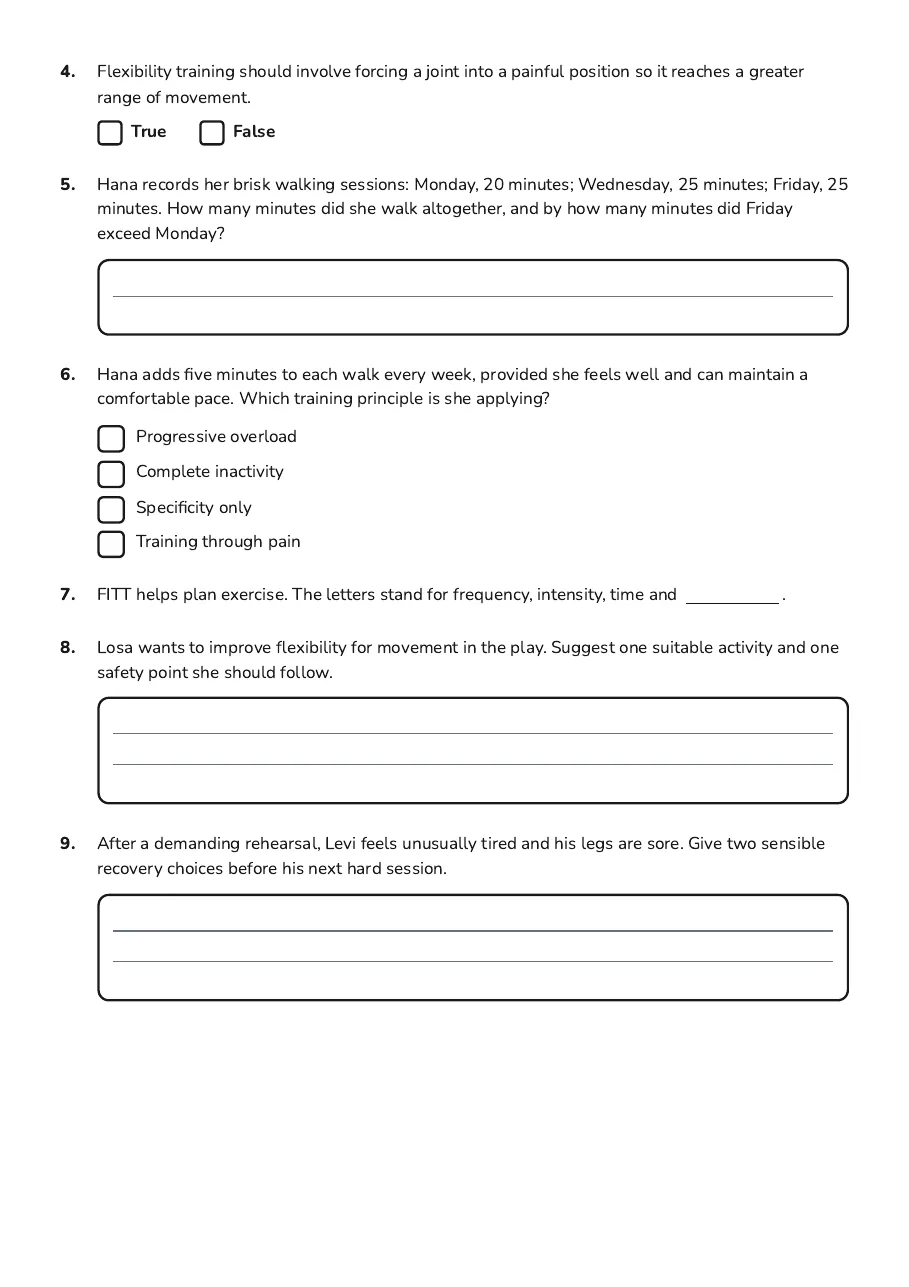 Fitness Fundamentals Worksheet, page 2 of 3: 4. Flexibility training should involve forcing a joint into a painful position so it…