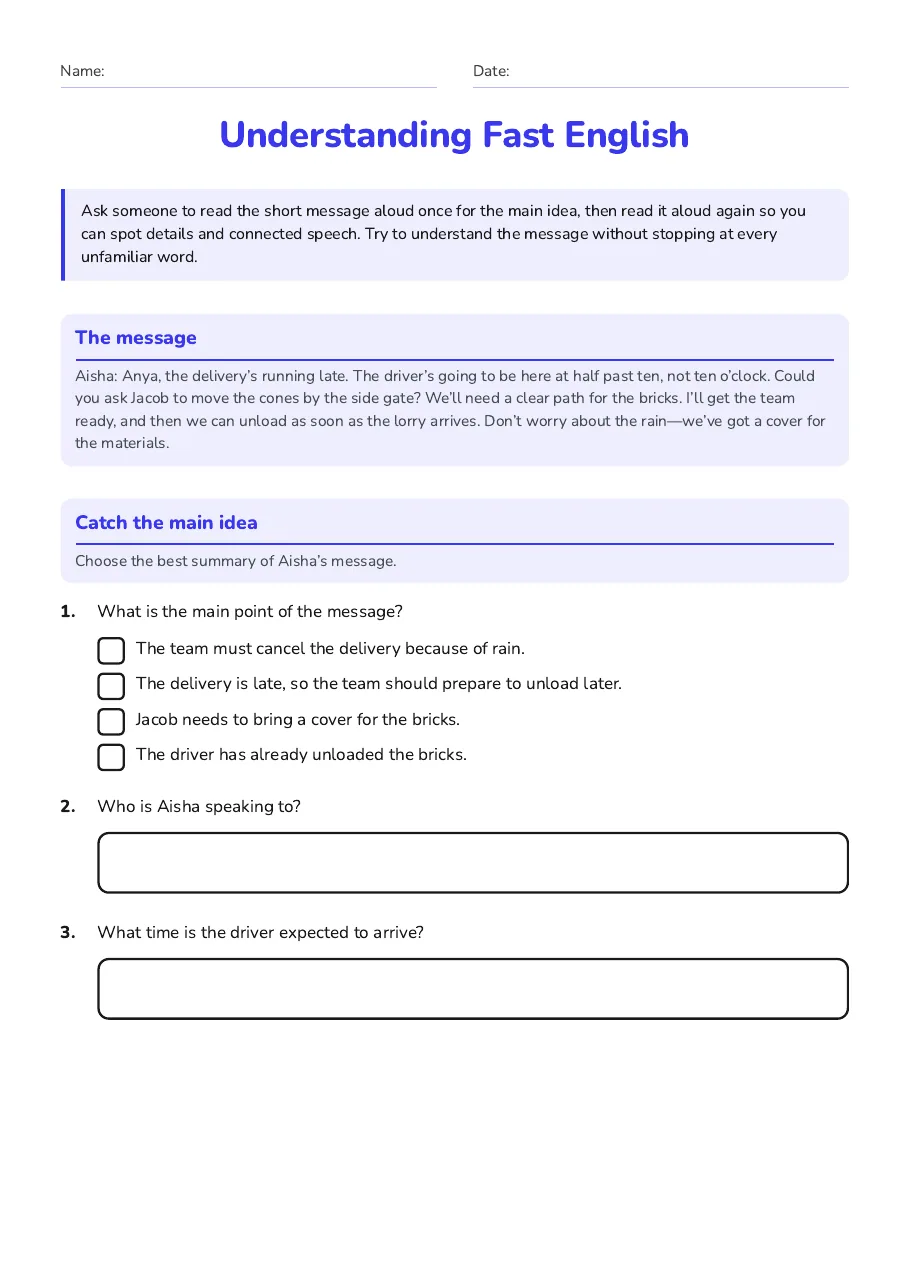 Understanding Fast English, page 1 of 3: The message, Catch the main idea