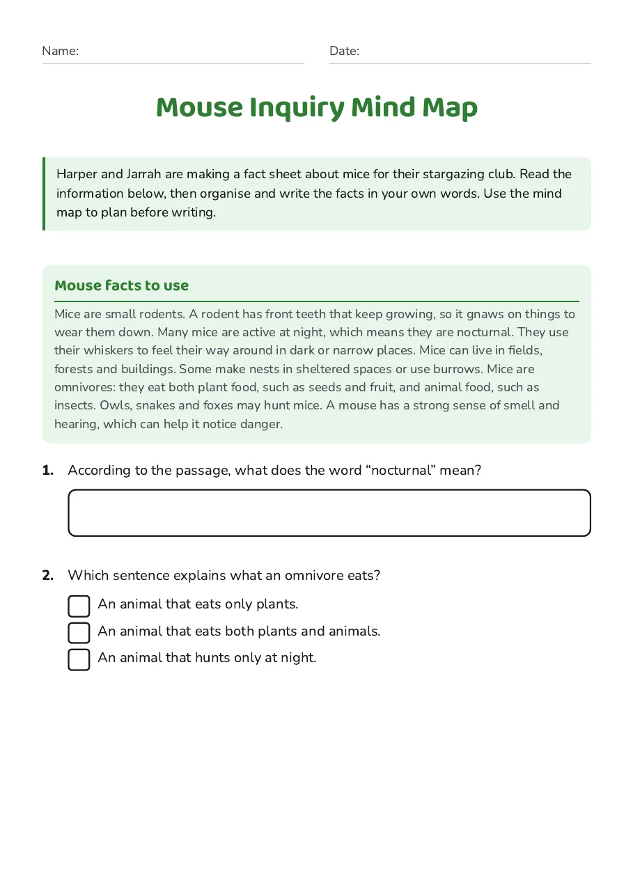 Mouse Inquiry Mind Map, page 1 of 4: Mouse facts to use