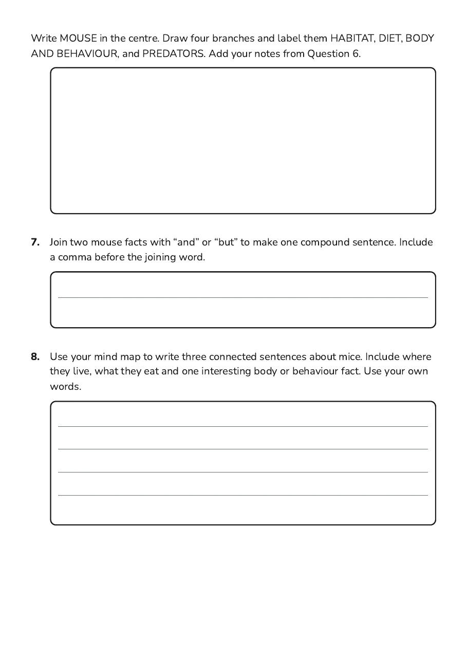 Mouse Inquiry Mind Map, page 3 of 4: Write MOUSE in the centre. Draw four branches and label them HABITAT, DIET, BODY