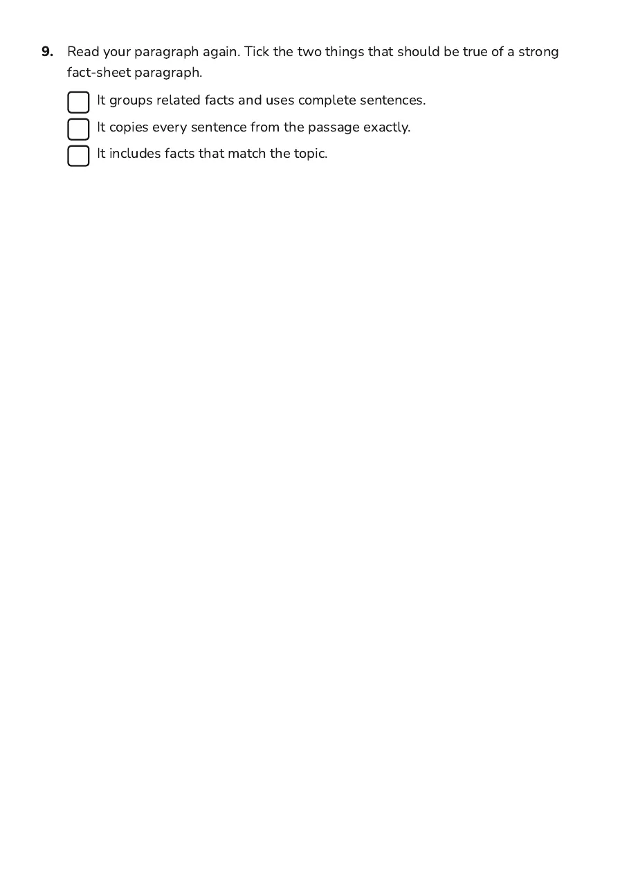 Mouse Inquiry Mind Map, page 4 of 4: 9. Read your paragraph again. Tick the two things that should be true of a strong