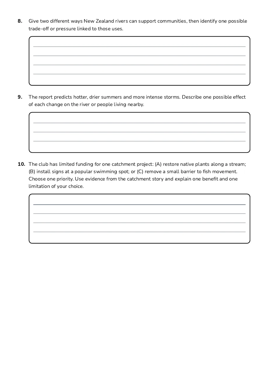 New Zealand Rivers Geography, page 3 of 3: 8. Give two different ways New Zealand rivers can support communities, then identify one…