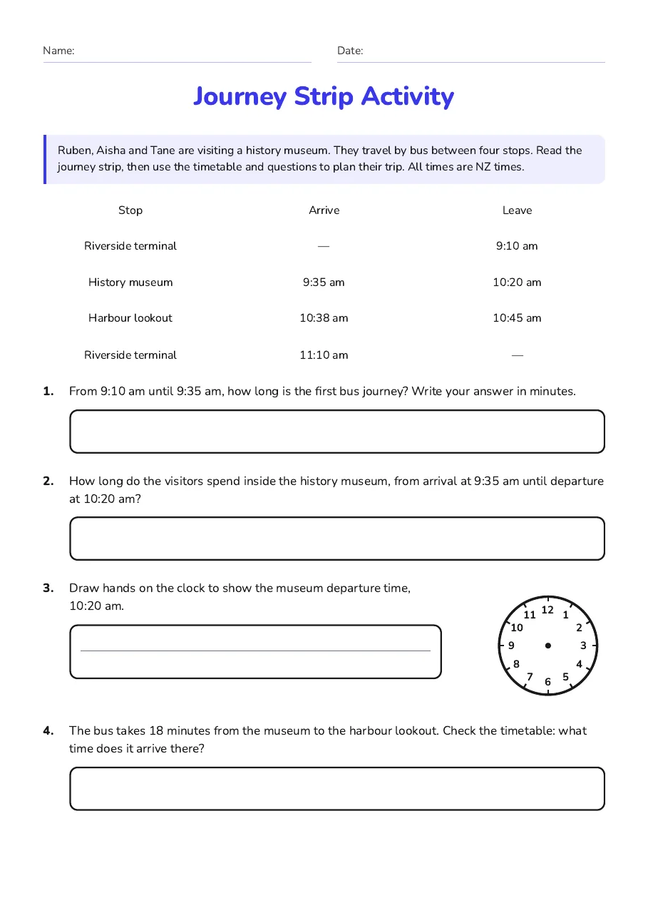 Journey Strip Activity, page 1 of 2: Ruben, Aisha and Tane are visiting a history museum. They travel by bus between four…