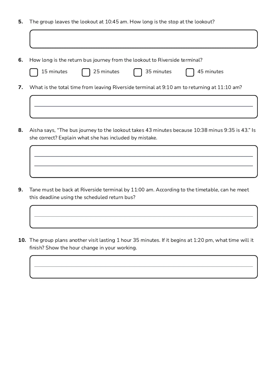 Journey Strip Activity, page 2 of 2: 5. The group leaves the lookout at 10:45 am. How long is the stop at the lookout?