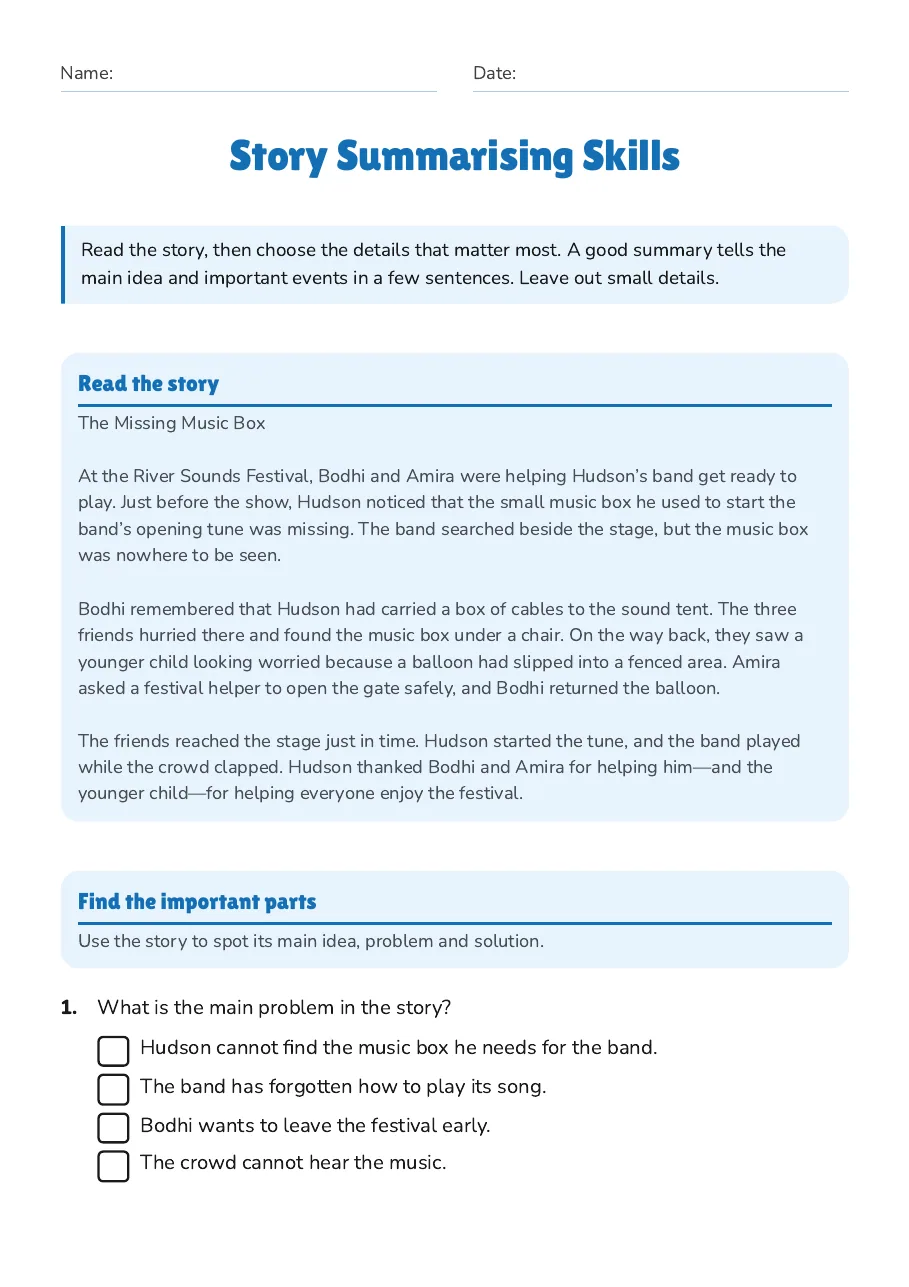 Story Summarising Skills, page 1 of 3: Read the story, Find the important parts