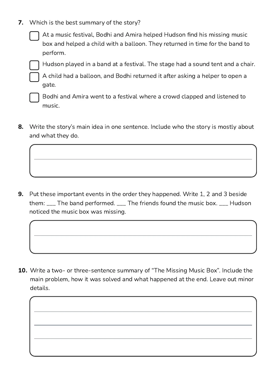 Story Summarising Skills, page 3 of 3: 7. Which is the best summary of the story?