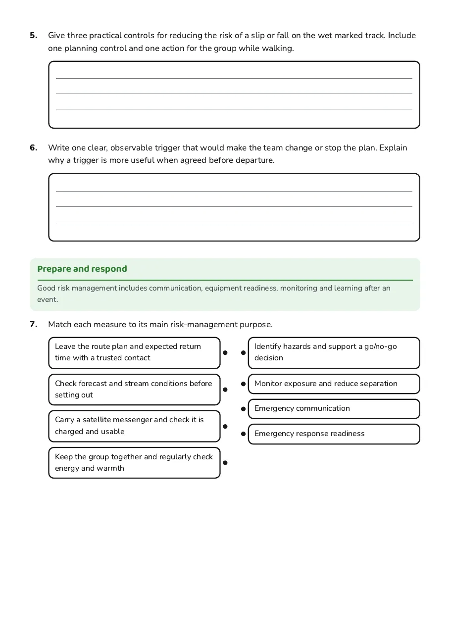 Outdoor Risk Management Worksheet, page 3 of 4: Prepare and respond