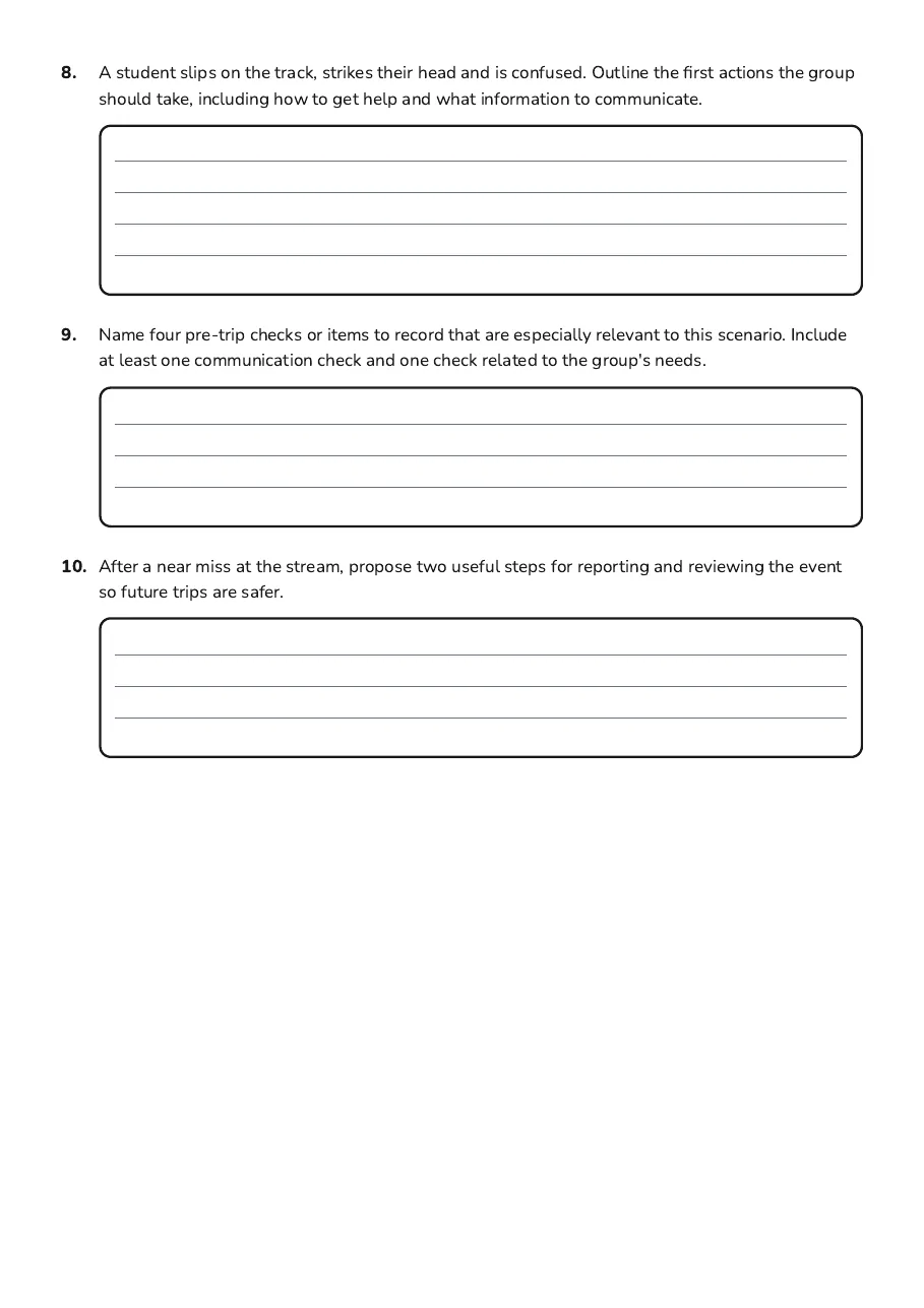 Outdoor Risk Management Worksheet, page 4 of 4: 8. A student slips on the track, strikes their head and is confused. Outline the first…
