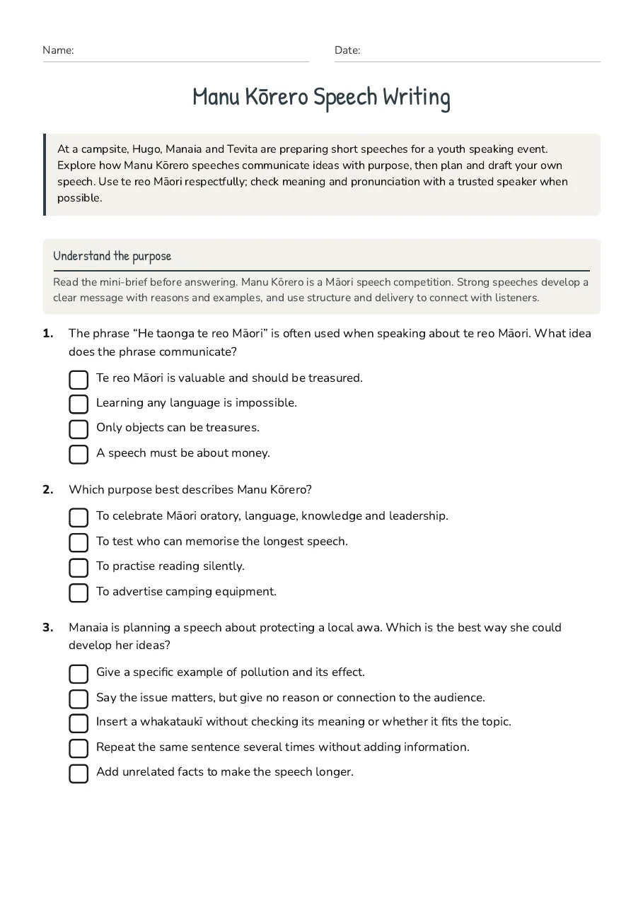 Manu Kōrero Speech Writing, page 1 of 3: Understand the purpose
