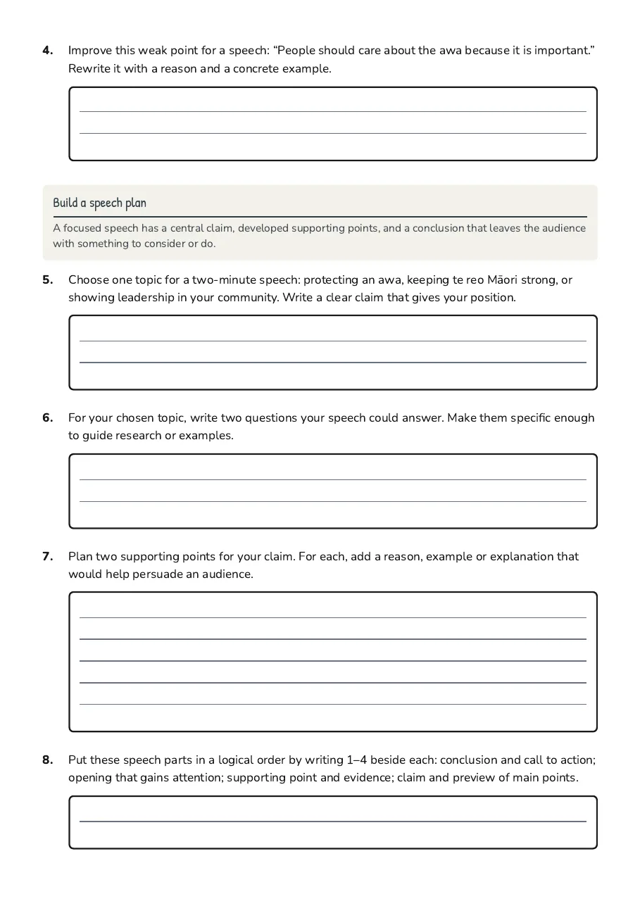 Manu Kōrero Speech Writing, page 2 of 3: Build a speech plan