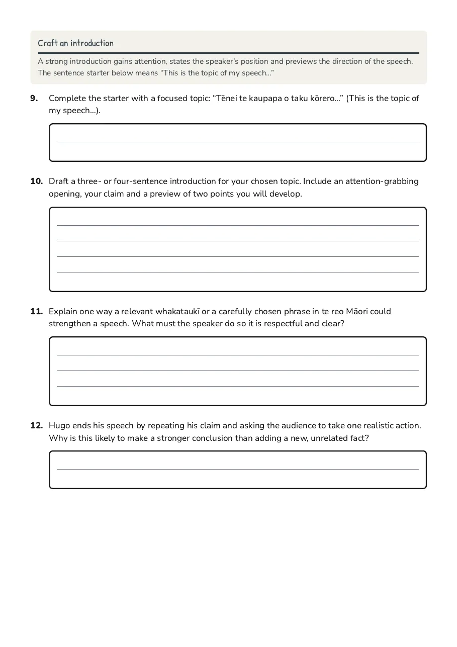 Manu Kōrero Speech Writing, page 3 of 3: Craft an introduction