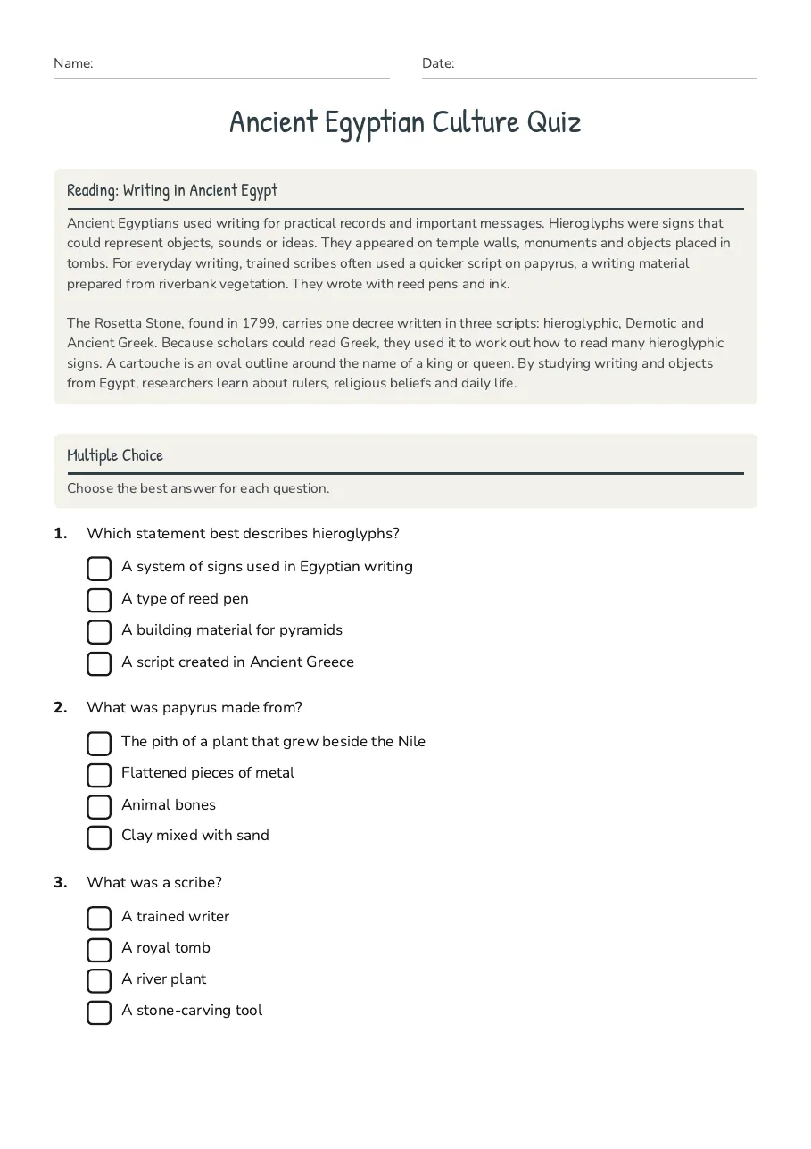 Ancient Egyptian Culture Quiz, page 1 of 3: Reading: Writing in Ancient Egypt, Multiple Choice