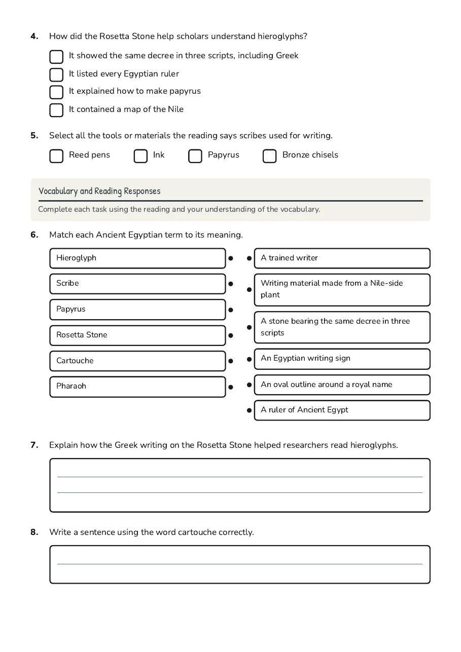 Ancient Egyptian Culture Quiz, page 2 of 3: Vocabulary and Reading Responses