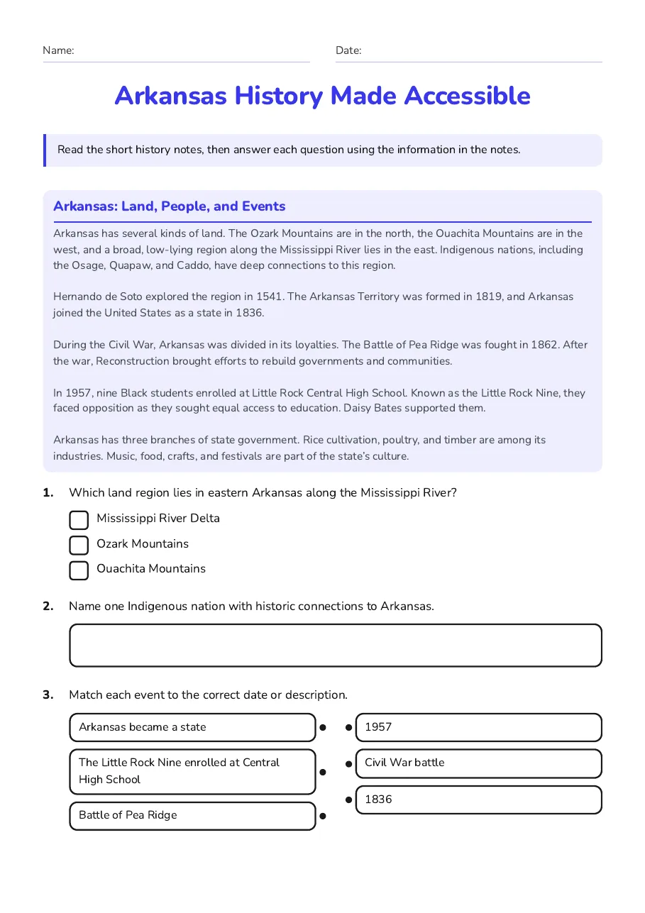 Arkansas History Made Accessible, page 1 of 2: Arkansas: Land, People, and Events