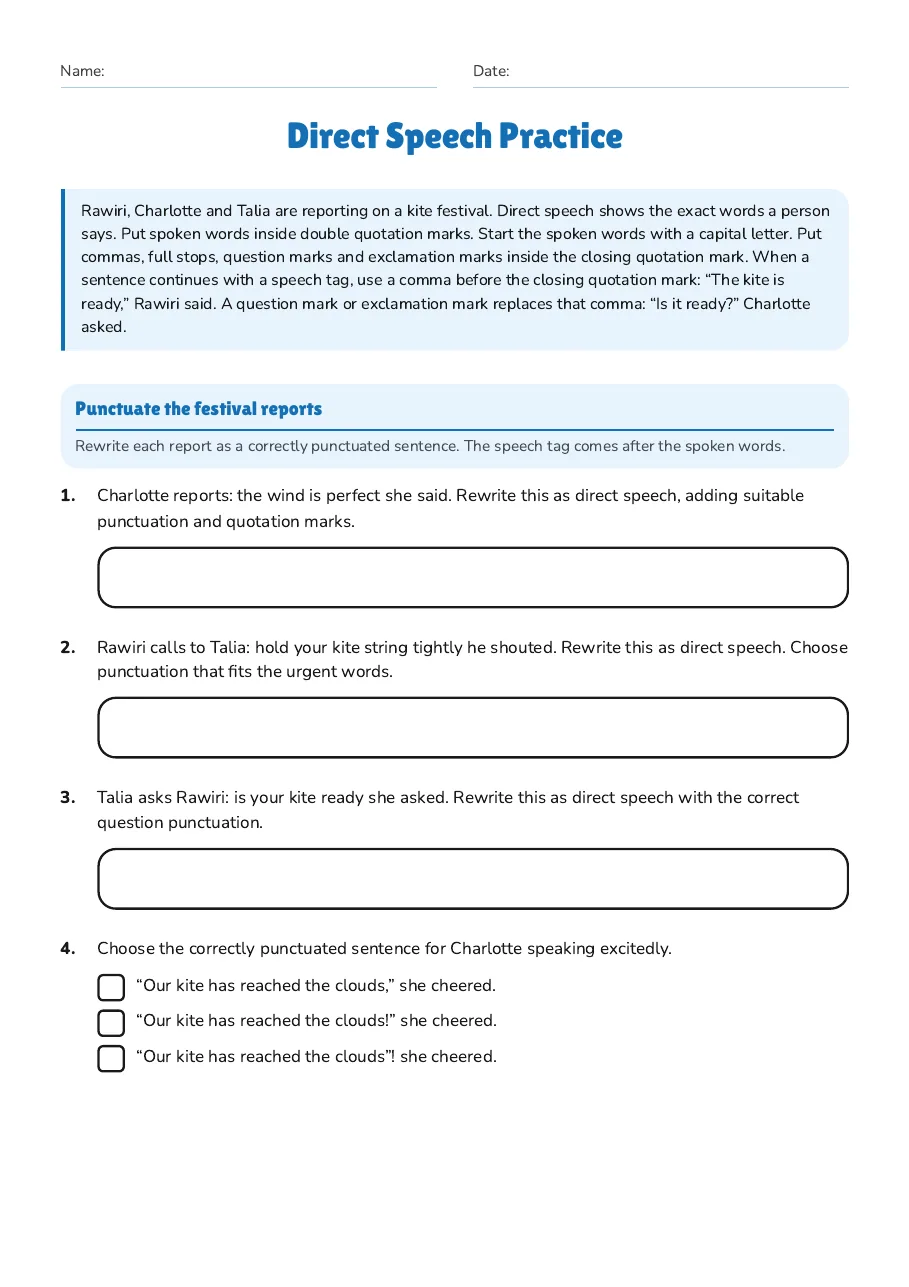 Direct Speech Practice, page 1 of 2: Punctuate the festival reports