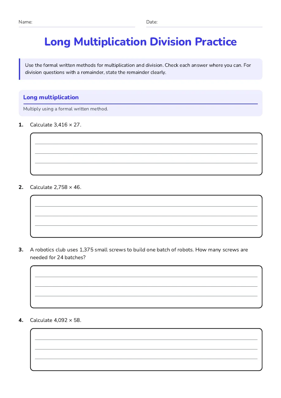 Long Multiplication Division Practice, page 1 of 3: Long multiplication