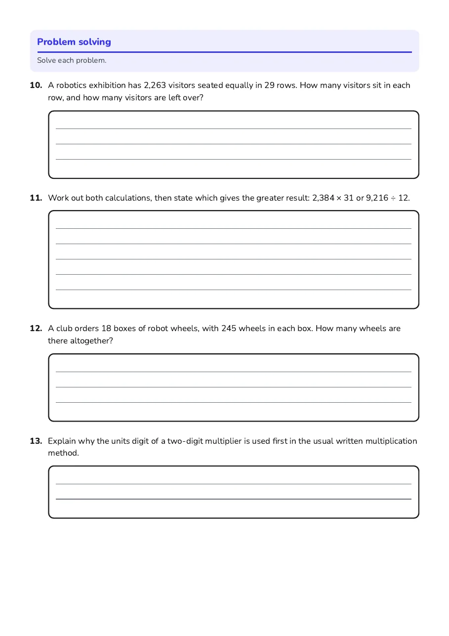 Long Multiplication Division Practice, page 3 of 3: Problem solving