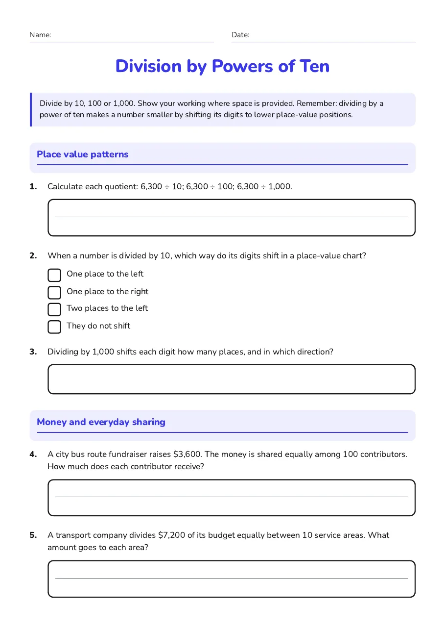Division by Powers of Ten, page 1 of 3: Place value patterns, Money and everyday sharing