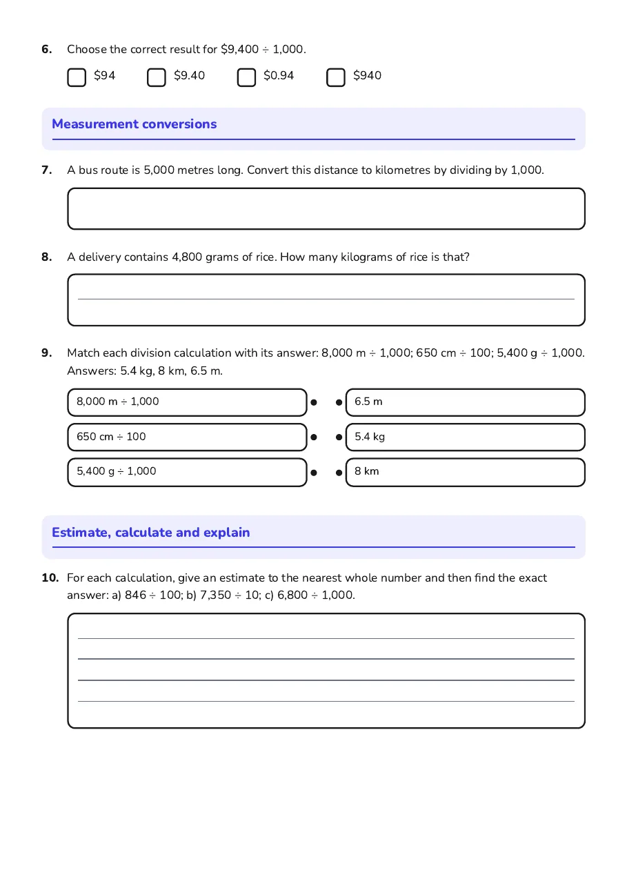Division by Powers of Ten, page 2 of 3: Measurement conversions, Estimate, calculate and explain