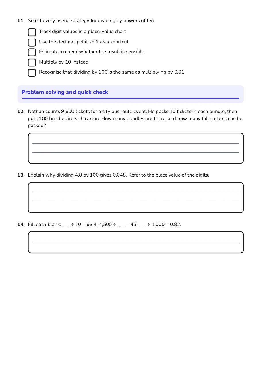 Division by Powers of Ten, page 3 of 3: Problem solving and quick check
