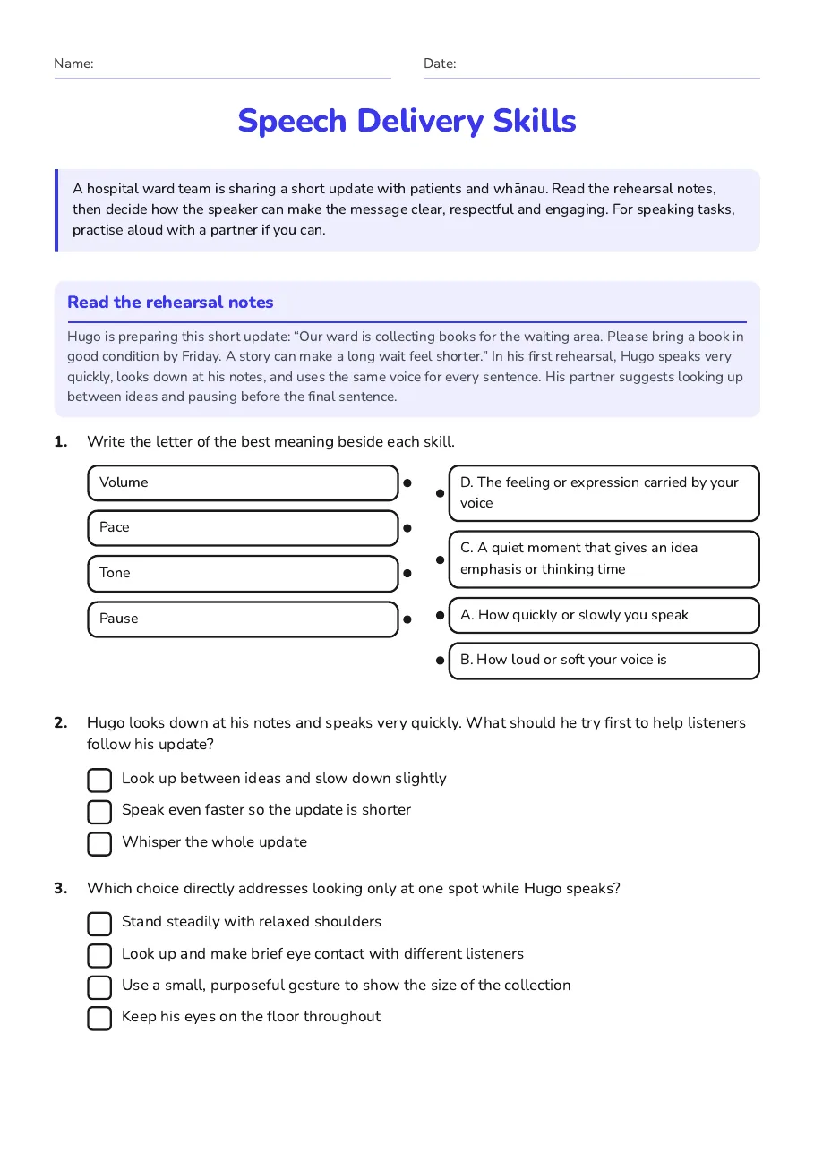 Speech Delivery Skills, page 1 of 2: Read the rehearsal notes