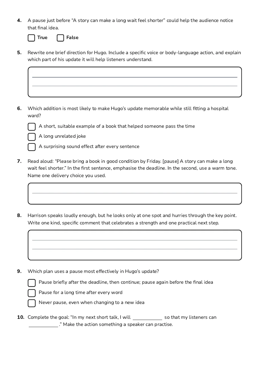 Speech Delivery Skills, page 2 of 2: 4. A pause just before “A story can make a long wait feel shorter” could help the…