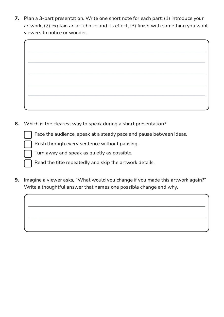 Autumn Art Presentation, page 3 of 4: 7. Plan a 3-part presentation. Write one short note for each part: (1) introduce your