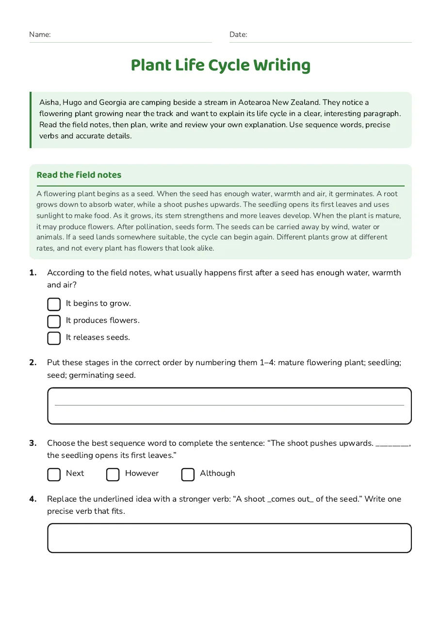 Plant Life Cycle Writing, page 1 of 3: Read the field notes