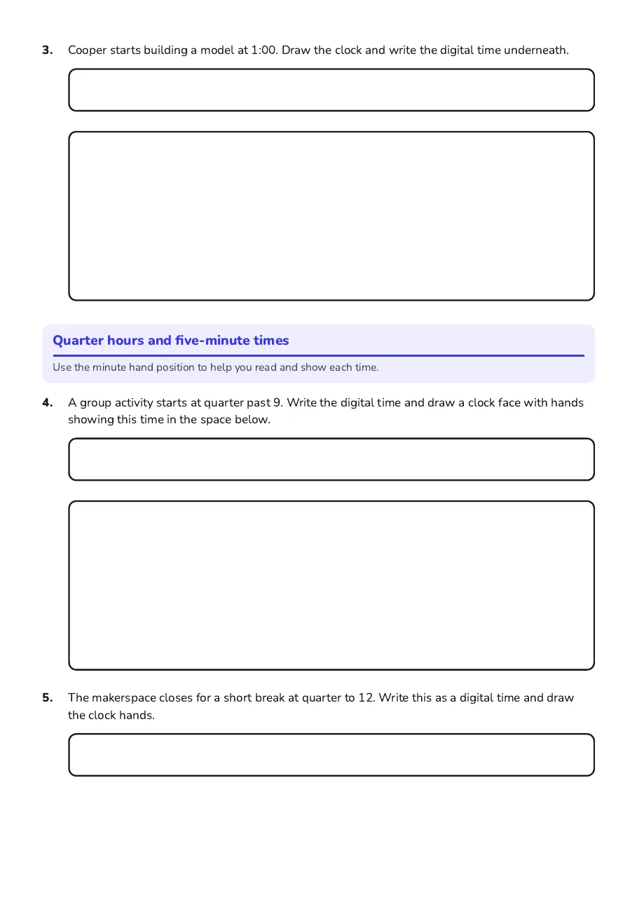 Daily Activity Timetable Worksheet, page 2 of 4: Quarter hours and five-minute times