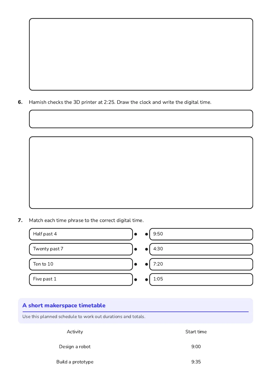 Daily Activity Timetable Worksheet, page 3 of 4: A short makerspace timetable