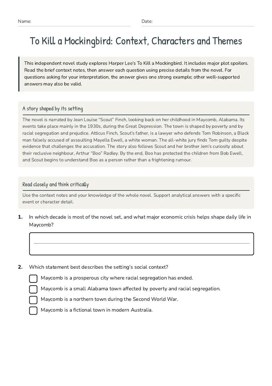 To Kill a Mockingbird: Context, Characters and Themes, page 1 of 3: A story shaped by its setting, Read closely and think critically