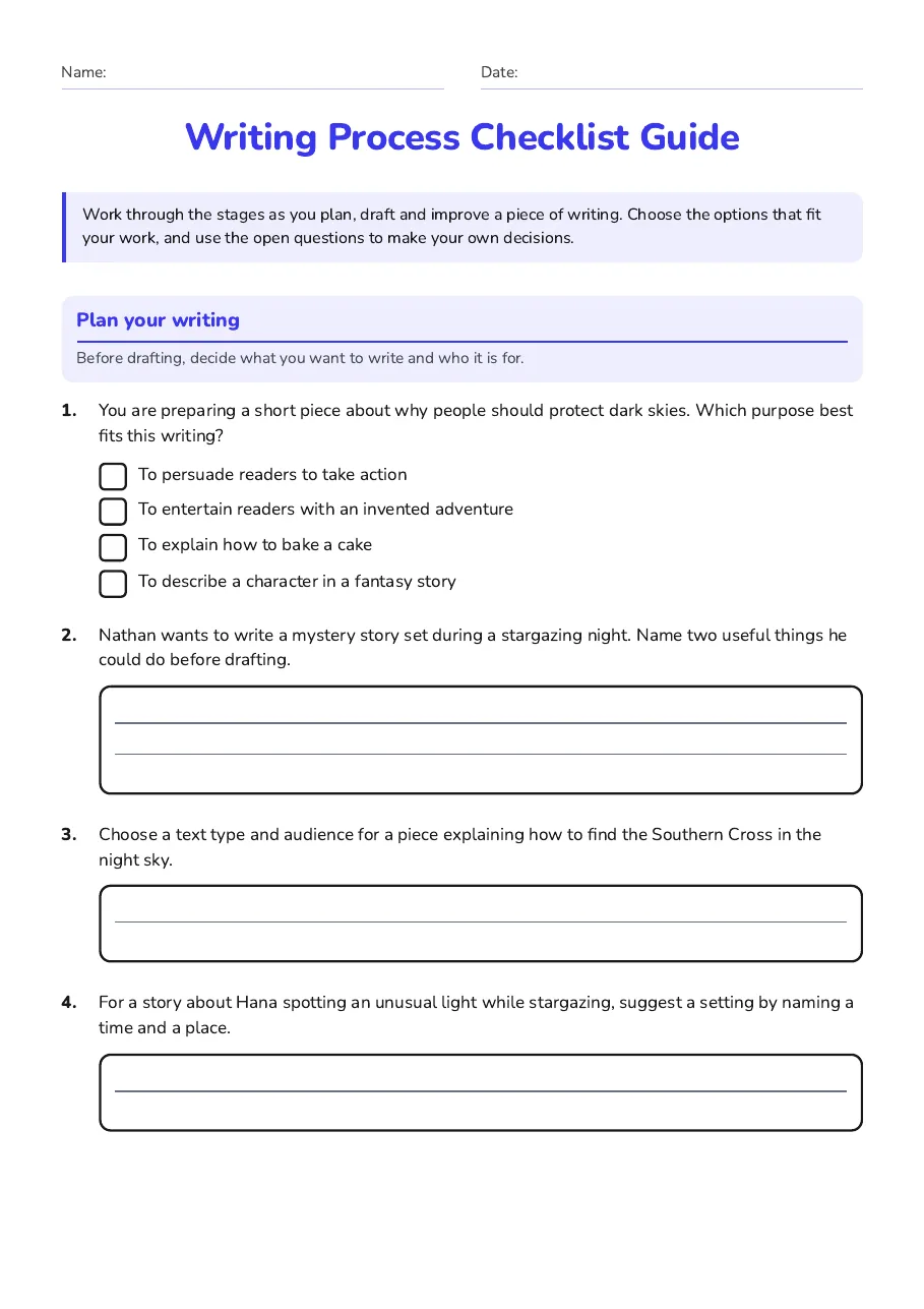 Writing Process Checklist Guide, page 1 of 3: Plan your writing