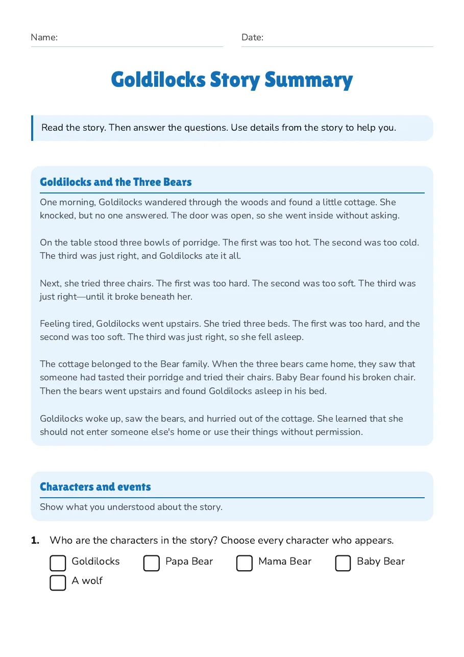 Goldilocks Story Summary, page 1 of 3: Goldilocks and the Three Bears, Characters and events