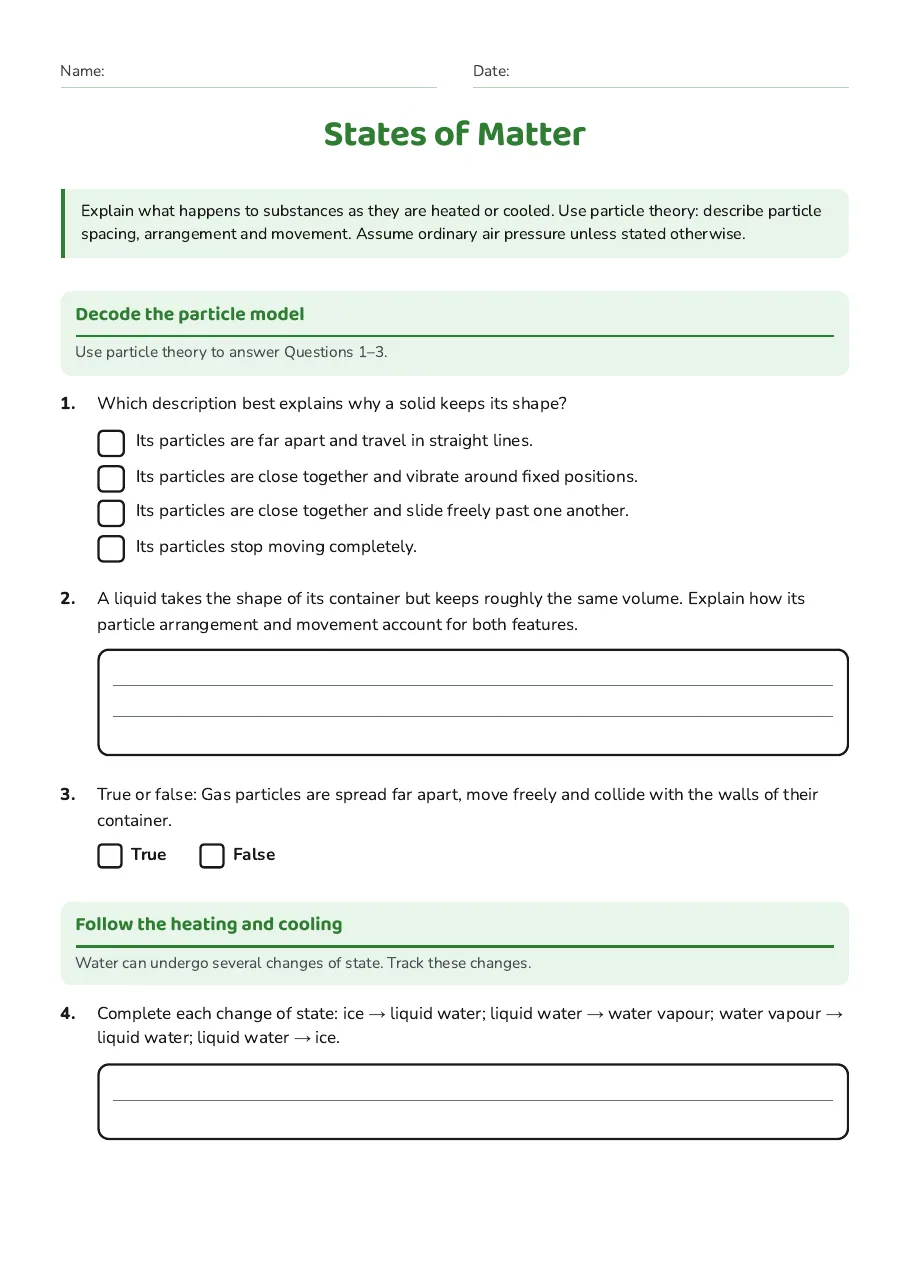 States of Matter, page 1 of 3: Decode the particle model, Follow the heating and cooling