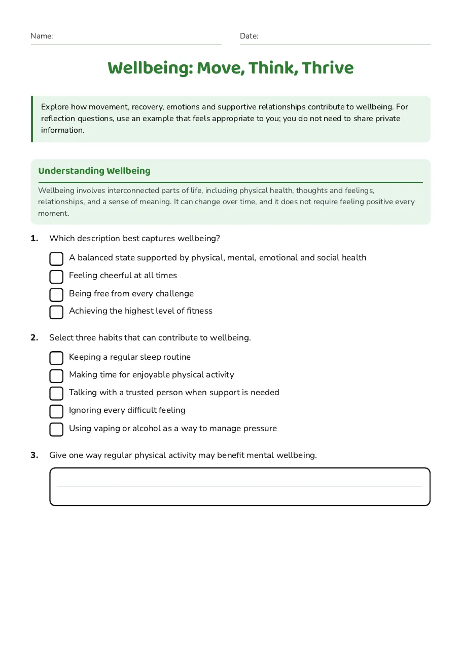 Wellbeing: Move, Think, Thrive, page 1 of 3: Understanding Wellbeing