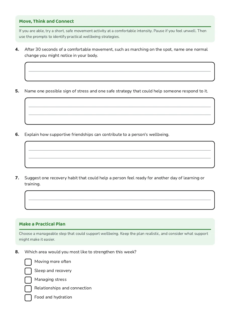 Wellbeing: Move, Think, Thrive, page 2 of 3: Move, Think and Connect, Make a Practical Plan