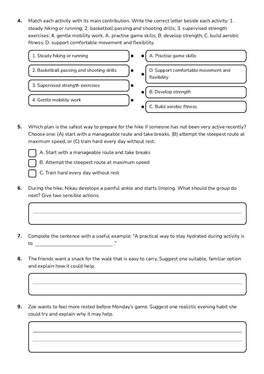 Lifestyle Factors and Basketball, page 2 of 3: 4. Match each activity with its main contribution. Write the correct letter beside each…
