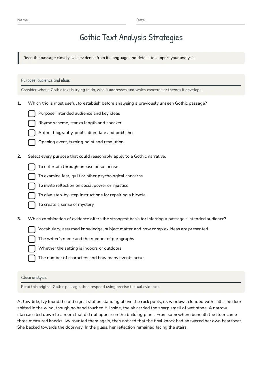 Gothic Text Analysis Strategies, page 1 of 3: Purpose, audience and ideas, Close analysis