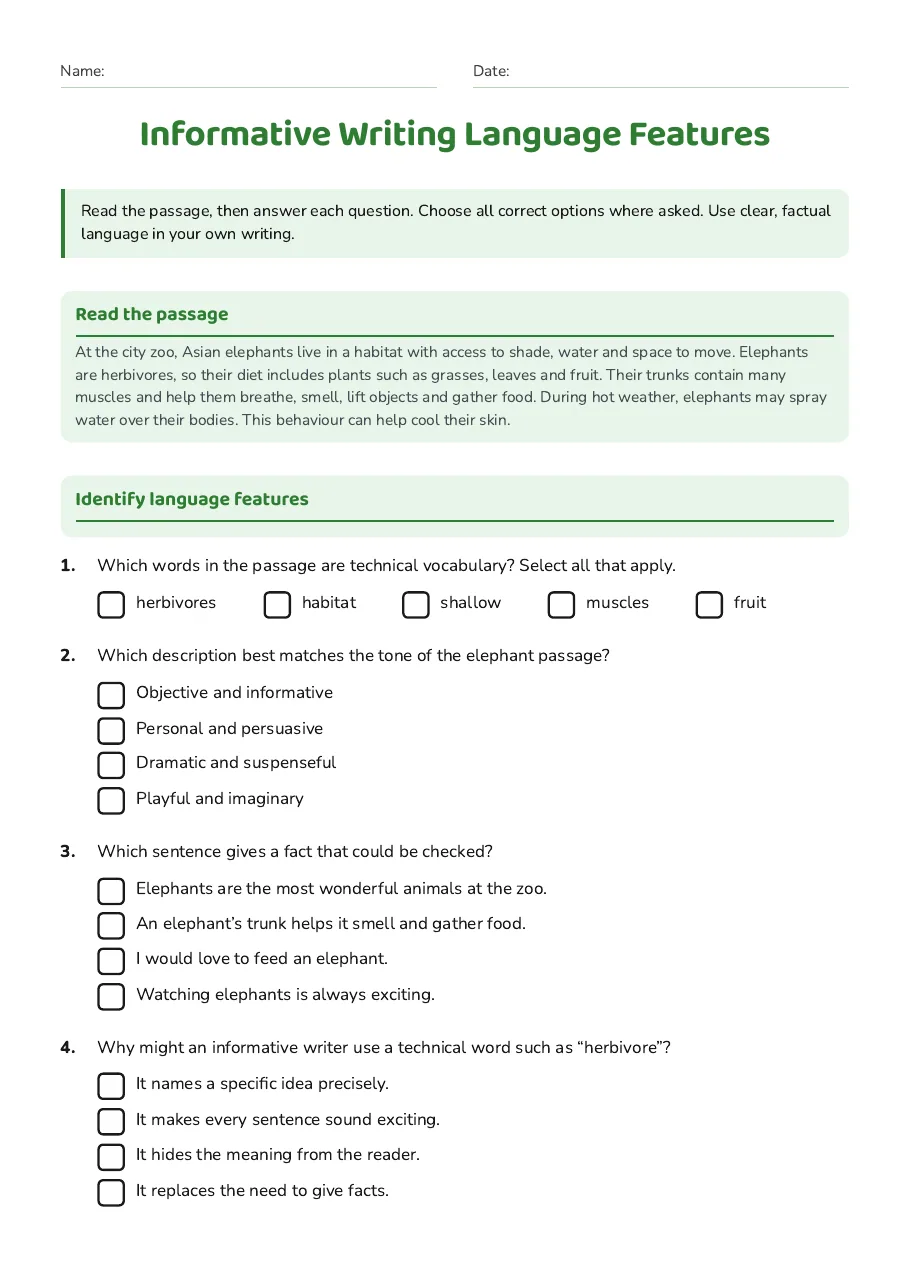 Informative Writing Language Features, page 1 of 3: Read the passage, Identify language features