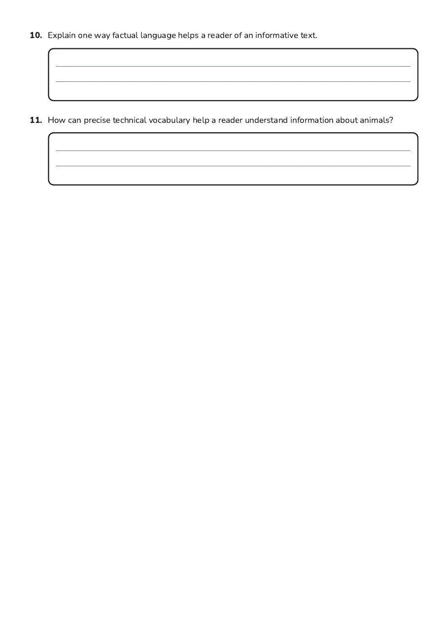 Informative Writing Language Features, page 3 of 3: 10. Explain one way factual language helps a reader of an informative text.