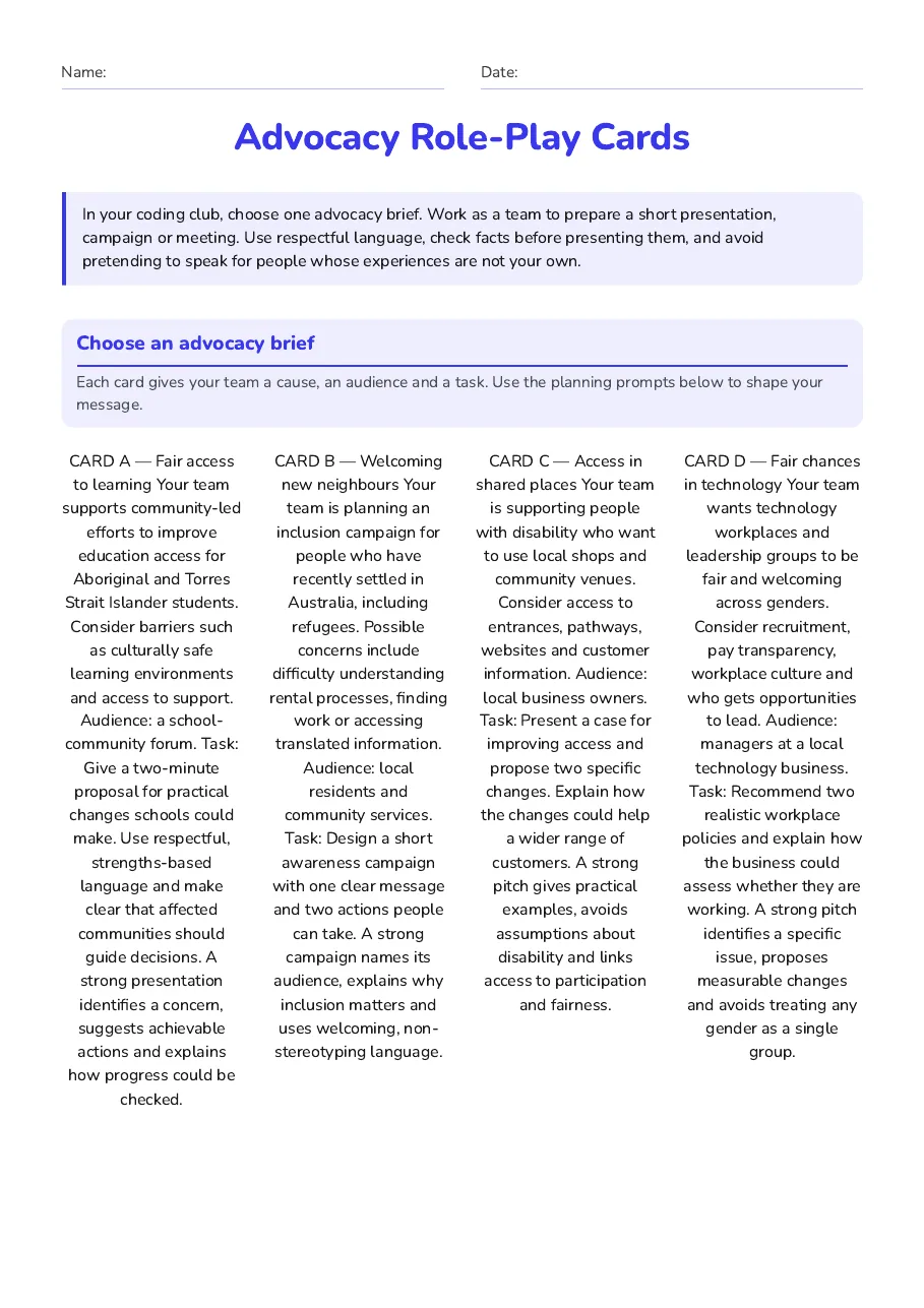 Advocacy Role-Play Cards, page 1 of 3: Choose an advocacy brief