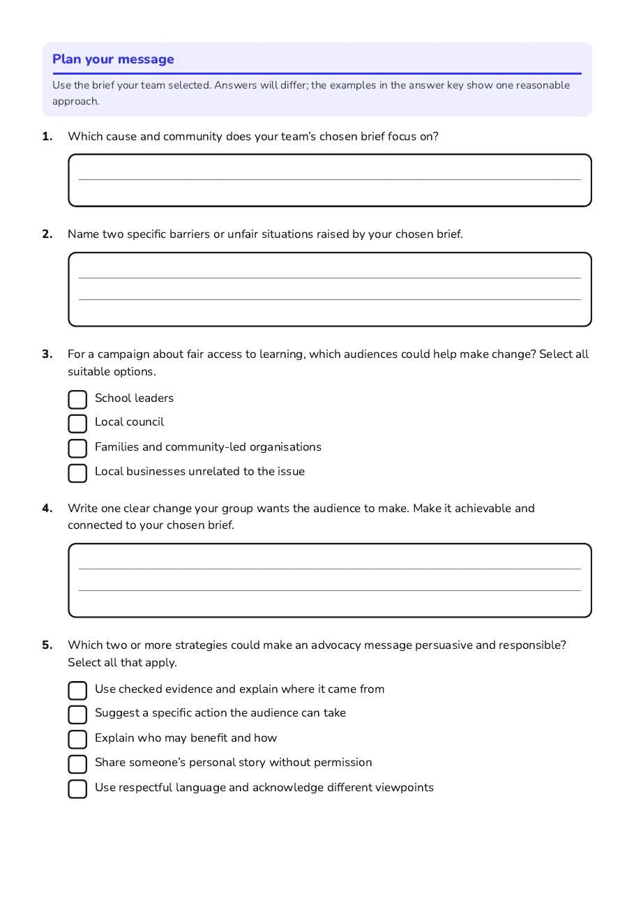 Advocacy Role-Play Cards, page 2 of 3: Plan your message