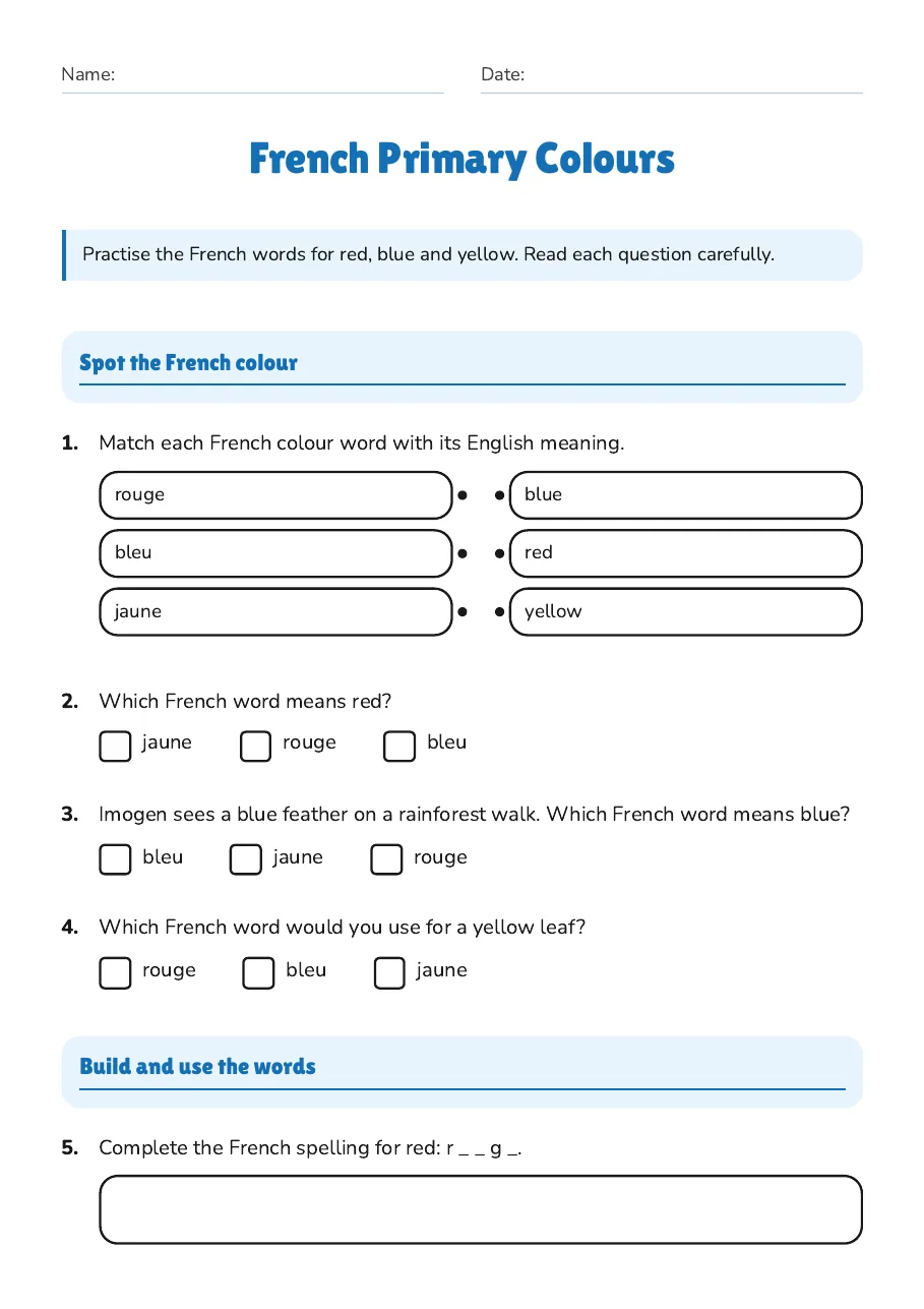 French Primary Colours, page 1 of 4: Spot the French colour, Build and use the words