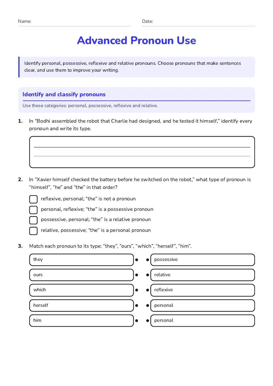 Advanced Pronoun Use, page 1 of 3: Identify and classify pronouns