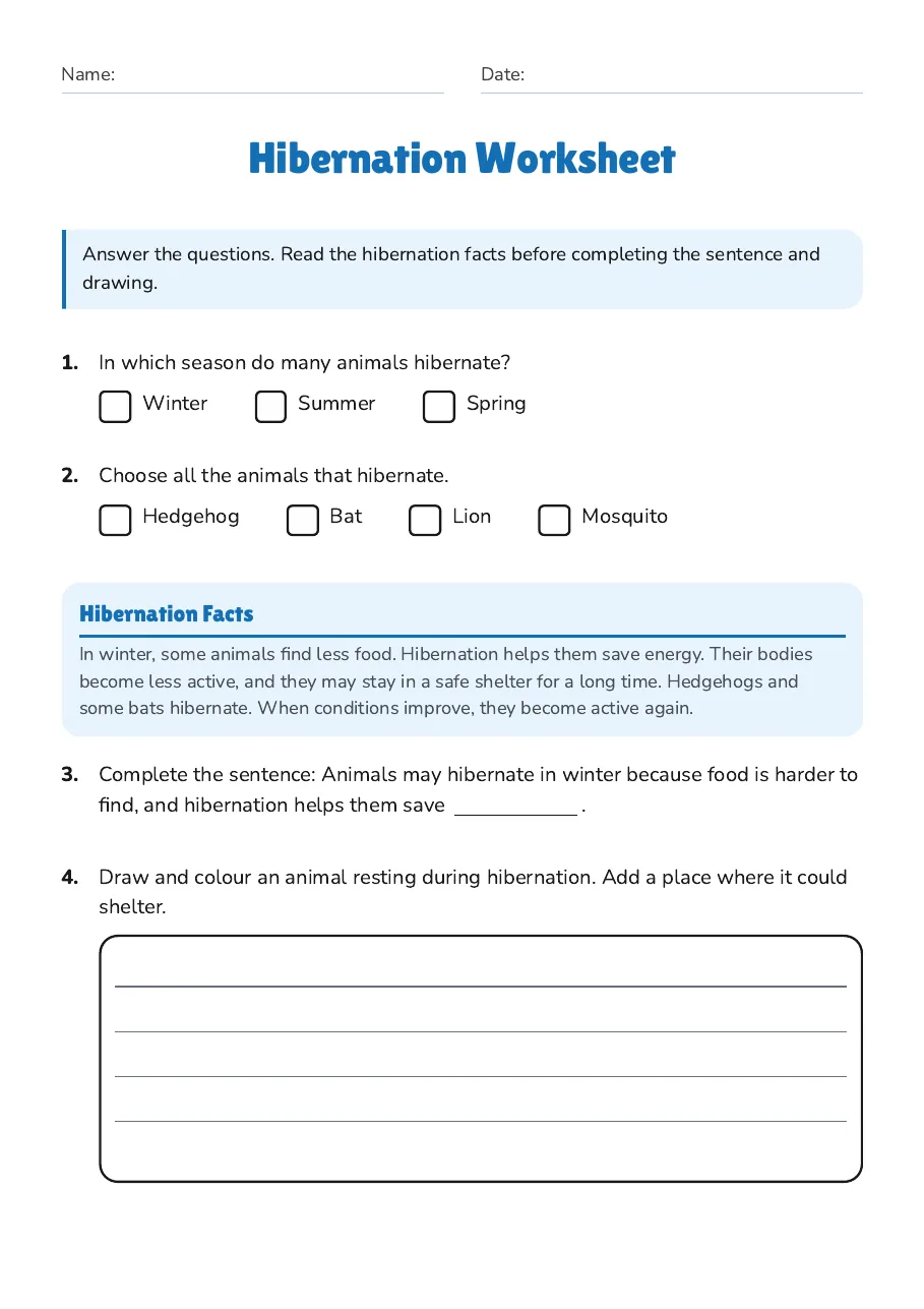 Hibernation Worksheet, page 1 of 2: Hibernation Facts