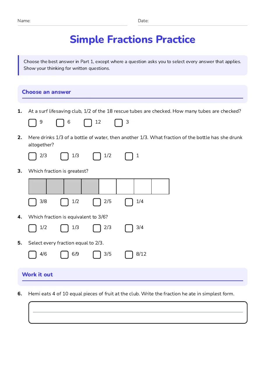 Year 5 fraction practice: multiple choice questions on finding fractions of amounts, comparing fractions, and equivalent fractions.